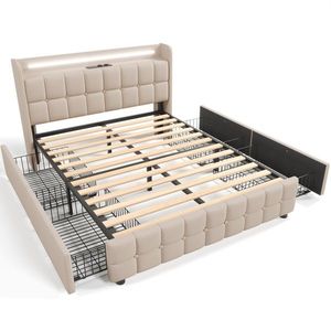 Pat cu tăblie USB și iluminare LED, 4 sertare, structură din lemn, tăblie tapițată, 140x200 cm, Bej imagine