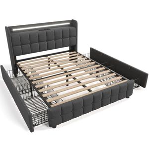 Pat cu tăblie USB și iluminare LED, 4 sertare, structură din lemn, tăblie tapițată, 140x200 cm, Gri imagine