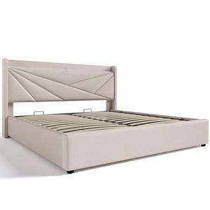 Pat dublu cu ladă de depozitare, funcție de încărcare USB Tip C, din bumbac și in, fără saltea, 160x200 cm, Bej imagine