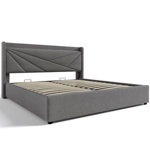 Pat dublu cu ladă de depozitare, funcție de încărcare USB Tip C, din bumbac și in, fără saltea, 160x200 cm, Gri imagine