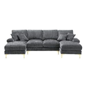 Canapea modulară mare, modernă, în formă de U, din chenille, cu dublu șezlong rabatabil, Gri imagine