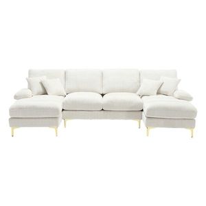 Canapea modulară mare, modernă, în formă de U, din chenille, cu dublu șezlong rabatabil, Bej imagine