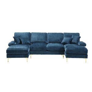 Canapea modulară mare, modernă, în formă de U, din chenille, cu dublu șezlong rabatabil, Albastru imagine