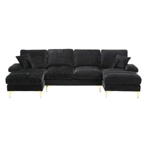 Canapea modulară mare, modernă, în formă de U, din chenille, cu dublu șezlong rabatabil, Negru imagine
