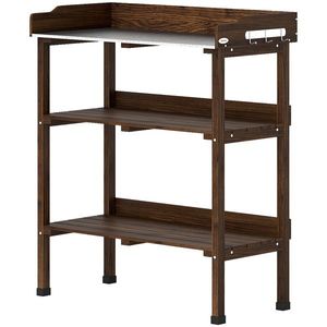 Outsunny Masă de grădină din lemn cu suprafață metalică, rafturi și cârlige pentru grădină, terasă 76x37x89 cm Carbonizat | Aosom Romania imagine