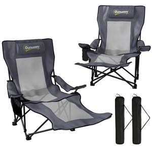 Outsunny Set de 2 scaune camping pliabile, scaun pescuit cu spătar reglabil, suport picioare, suport băuturi, pernă cap, Gri închis | Aosom Romania imagine