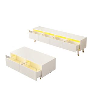 Set mobilier LED modern, comodă TV cu 4 uși & masă de cafea cu 2 sertare, 178x35x45+110x50x40 cm, Alb imagine