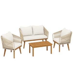 Outsunny Set mobilier grădină 4 piese lounge polyrattan cu canapea 2 locuri, 2 fotolii, masă din lemn de acacia cu lamele, perne groase lavabile | Aosom Romania imagine