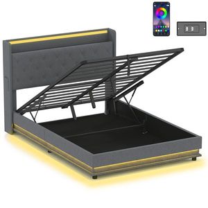 HOMCOM Cadru pat 140 x 200 cm cu tăblie și picior, pat tip platformă cu depozitare hidraulică, lumini LED | Aosom Romania imagine