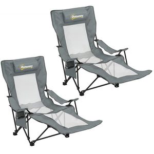 Outsunny Set de 2 scaune de camping pliante înclinate 4 poziții, suport picioare detașabil, suport pahar, 165x80x90cm, Gri | Aosom Romania imagine