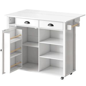 HOMCOM Insulă de Bucătărie cu Roți Blat Rabatabil Suport Condimente Suport Prosoape Dulap 2 Sertare 117, 5x70x91 cm Alb | Aosom Romania imagine