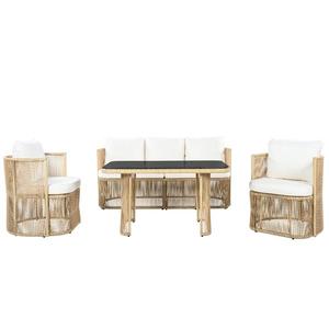 Set mobilier de grădină din PE‑rattan, 5 piese, canapea 3 locuri, 2 fotolii și masă cu blat din sticlă, Bej+Negru+Alb imagine