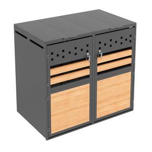 Boxă pentru pubele cu capac rabatabil hidraulic, uși duble încuiabile și două compartimente, 132x80x120 cm, Gri+Culoare naturală imagine