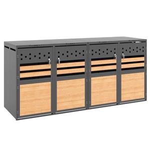 Cutie pentru pubele cu capac rabatabil hidraulic, patru compartimente încuiabile, ventilație în formă de romb, 264x80x120 cm, Gri+Culoare naturală imagine