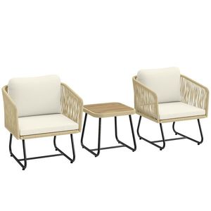 Outsunny Set bistro din ratan 3 piese FSC set mobilier de grădină cu 2 fotolii, masă din lemn cu lamele, perne groase lavabile, cadru din oțel | Aosom Romania imagine