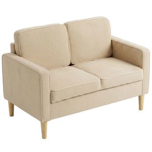 HOMCOM Canapea 2 locuri cu 2 perne decorative, depozitare, picioare din lemn masiv, loveseat mic modern, catifea côtelată, 117 x 63 x 79 cm, bej | Aosom Romania imagine