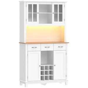 HOMCOM Dulap de bucătărie cu iluminare LED control prin APP blat pentru microunde suport pentru sticle uși din sticlă Alb | Aosom Romania imagine