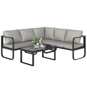 Outsunny Set Mobilier de Grădină cu Canapea cu 3 Locuri, Canapea cu 2 Locuri și Măsuță de Cafea, 180x60x64 cm, Gri | Aosom Romania imagine