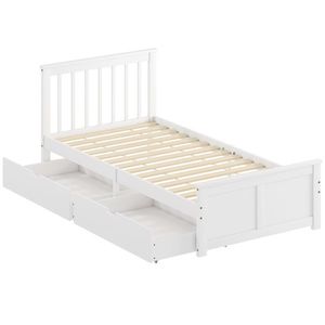HOMCOM Cadru de pat 90x190cm din lemn masiv, 2 sertare pe roți, tăblie, picior de pat, somier cu lamele, alb | Aosom Romania imagine