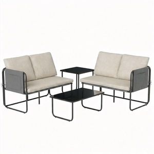 Outsunny Set Mobilier Grădină Exterior 4 Piese cu 2 Canapele 2 Locuri 2 Mese din Sticlă Perne Huse Detașabile și Buzunare Kaki | Aosom Romania imagine