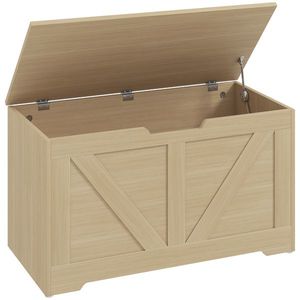 HOMCOM Cufăr de depozitare, băncuță de depozitare cu capac rabatabil și balamale de siguranță, 80 x 40 x 45 cm, lemn natural | Aosom Romania imagine