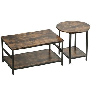 HOMCOM Set mese de cafea, 2 piese, masă dreptunghiulară și rotundă cu depozitare în 2 nivele, maro rustic | Aosom Romania imagine
