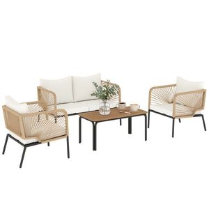 Outsunny Set mobilier de grădină, grup de șezut pentru 4 persoane, lounge cu sofă 2 locuri, 2 fotolii, masă cu lamele, împletitură tip sfoară, perne lavabile | Aosom Romania imagine