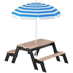 AIYAPLAY Masă de picnic pentru copii cu parasolar, set de grădină din lemn 3 în 1 pentru copii 3-6 ani cu 2 cutii, natural | Aosom Romania imagine