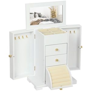 HOMCOM Cutie de bijuterii pentru femei cu 4 nivele, cutie din lemn cu aripi, oglindă și 2 sertare, 26, 5x16 x33, 5 cm, Alb | Aosom Romania imagine