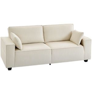 HOMCOM Canapea 3 locuri din velur canelat 218 cm, canapea de living, perne cu arcuri, cotiere late, 2 perne, bej | Aosom Romania imagine