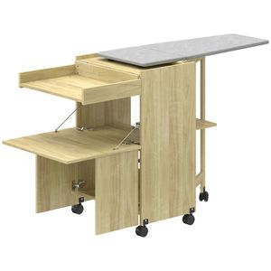 HOMCOM Dulap Masă de Călcat Rabatabilă cu Roți și Suport pentru Fier de Călcat, Dulap Multifuncțional cu Rafturi, Compartiment Deschis, pentru Spălătorie, Baie, 154x55x87 cm, Lemn Natural | Aosom Romania imagine