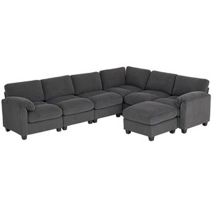 HOMCOM Colțar formă U canapea cu arcuri în buzunar, cotiere capitonate, otoman mobil, corduroy 292x224x85 cm Gri închis | Aosom Romania imagine