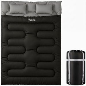 Outsunny Sac de dormit dublu pentru 2 persoane cu 2 perne, 2 sezoane pentru outdoor, camping, trekking, călătorii Negru | Aosom Romania imagine