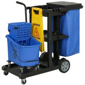 HOMCOM Cărucior de curățenie, cărucior mobil cu 3 rafturi, sac de gunoi 70 L, găleată cu stoarcere pentru mop, Albastru | Aosom Romania imagine