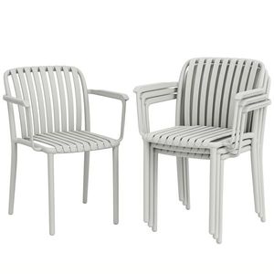 Outsunny Set 4 Scaune de Grădină Stackabile din Polipropilenă Anti-UV, Design Lamelar cu Cotiere, pentru Terasă Balcon Exterior Interior, Gri | Aosom Romania imagine