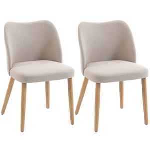 HOMCOM Set de 2 Scaune de Masă Moderne, Scaune de Bucătărie cu Tapițerie din In, Șezut Imbătut, Spătar Curbat, Picioare din Lemn de Cauciuc, Ușor de Asamblat, Alb Crem | Aosom Romania imagine