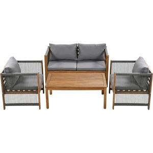 Set de grădină din rattan sintetic cu perne confortabile, canapea dublă, 2 fotolii și masă pentru exterior din acacia, Gri imagine