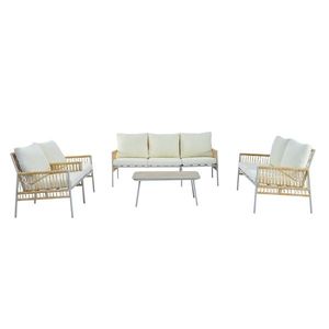Set mobilier de grădină 7 locuri din PE-ratan și oțel zincat, măsuță cu blat din sticlă temperată cu efect lemn, perne lavabile, Bej imagine