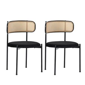Set de 2 scaune de dining din țesătură cu efect de catifea, cu picioare din metal și spătar din ratan, 60x18x86 cm, Negru imagine