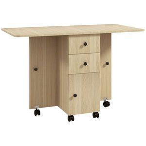 HOMCOM Masă de Bucătărie Pliabilă, Masă Rabatabilă cu Roți și Frâne pentru 6 Persoane, Birou Pliabil cu 2 Sertare și Dulap, pentru Living, 120x60x76.5 cm, Lemn Natural | Aosom Romania imagine