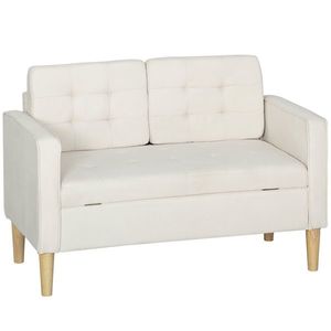 HOMCOM Canapea cu două locuri cu spațiu de depozitare, capitonare cu nasturi, perne, lemn de cauciuc, 117x62x78cm, alb crem | Aosom Romania imagine