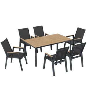 Outsunny Set mobilier de grădină 7 piese masă cu 6 scaune respirabile spătar înalt design lamele aspect lemn | Aosom Romania imagine