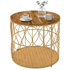 Outsunny Măsuță laterală Ø50 cm rezistentă la intemperii, masă de grădină cu aspect de rattan, blat din lemn de acacia, picioare reglabile Teak | Aosom Romania imagine