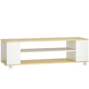 HOMCOM Mobilier TV cu roți 120 cm, mobilier TV pentru televizoare până la 140 cm, 2 rafturi deschise, alb și natural | Aosom Romania imagine