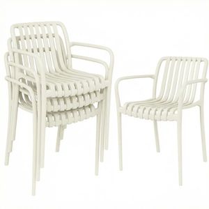 Outsunny Set 4 scaune de grădină stivabile, scaune de terasă cu design în lamele și cotiere, ergonomice, alb crem | Aosom Romania imagine