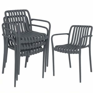 Outsunny Set 4 scaune pentru grădină Scaune stivuibile pentru terasă cu design cu lamele și cotiere, ergonomice Gri închis | Aosom Romania imagine