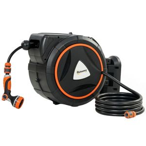 Outsunny Rolea retractabilă pentru furtun 23+2 m cu 12 moduri de stropire, blocare automată, retragere controlată, suport portocaliu | Aosom Romania imagine