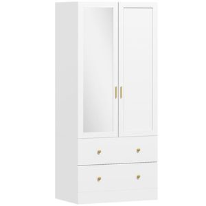 HOMCOM Dulap dormitor cu bară de suspendare și oglindă, 2 uși, 2 sertare, 80 x 50 x 180 cm, alb | Aosom Romania imagine