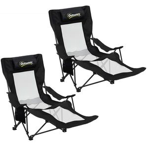 Outsunny Set de 2 Scaune Pliabile Rabatabile pentru Camping cu Suport Picioare Detașabil, Tetieră, Suport Pahar și Husă, Negru | Aosom Romania imagine
