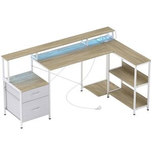 HOMCOM Birou de colț cu prize și lumini LED RGB, birou de calculator, 172 x 100 cm, suport ecran, 2 sertare, alb | Aosom Romania imagine